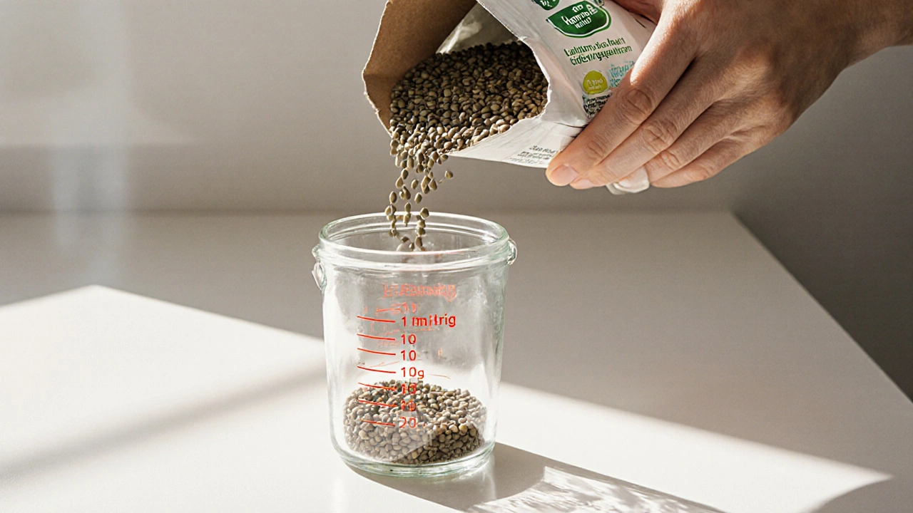 Jemand füllt Hanfsamen aus einer Verpackung in ein Glas mit abgemessenen Portionen.