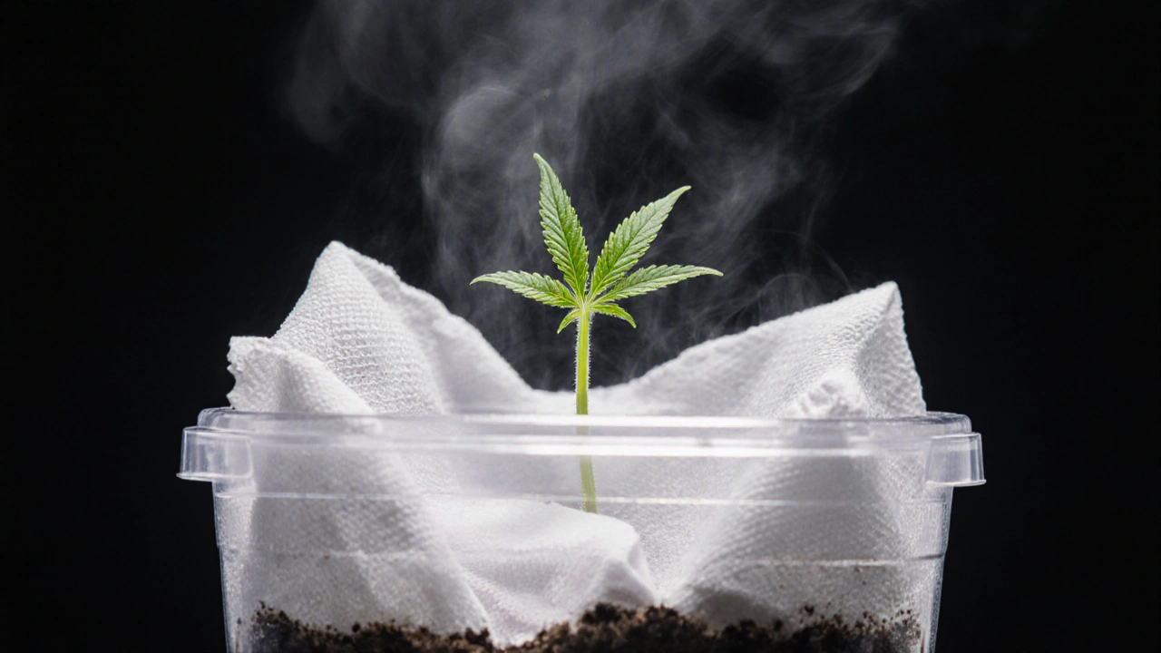 Junge Cannabis-Pflanze mit ersten Blättern auf feuchtem Papiertuch