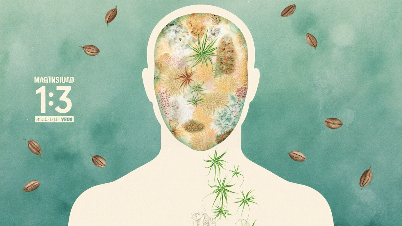 Körperkontur mit Nährstoffen wie Omega-3 und Magnesium, umgeben von Hanfsamen.