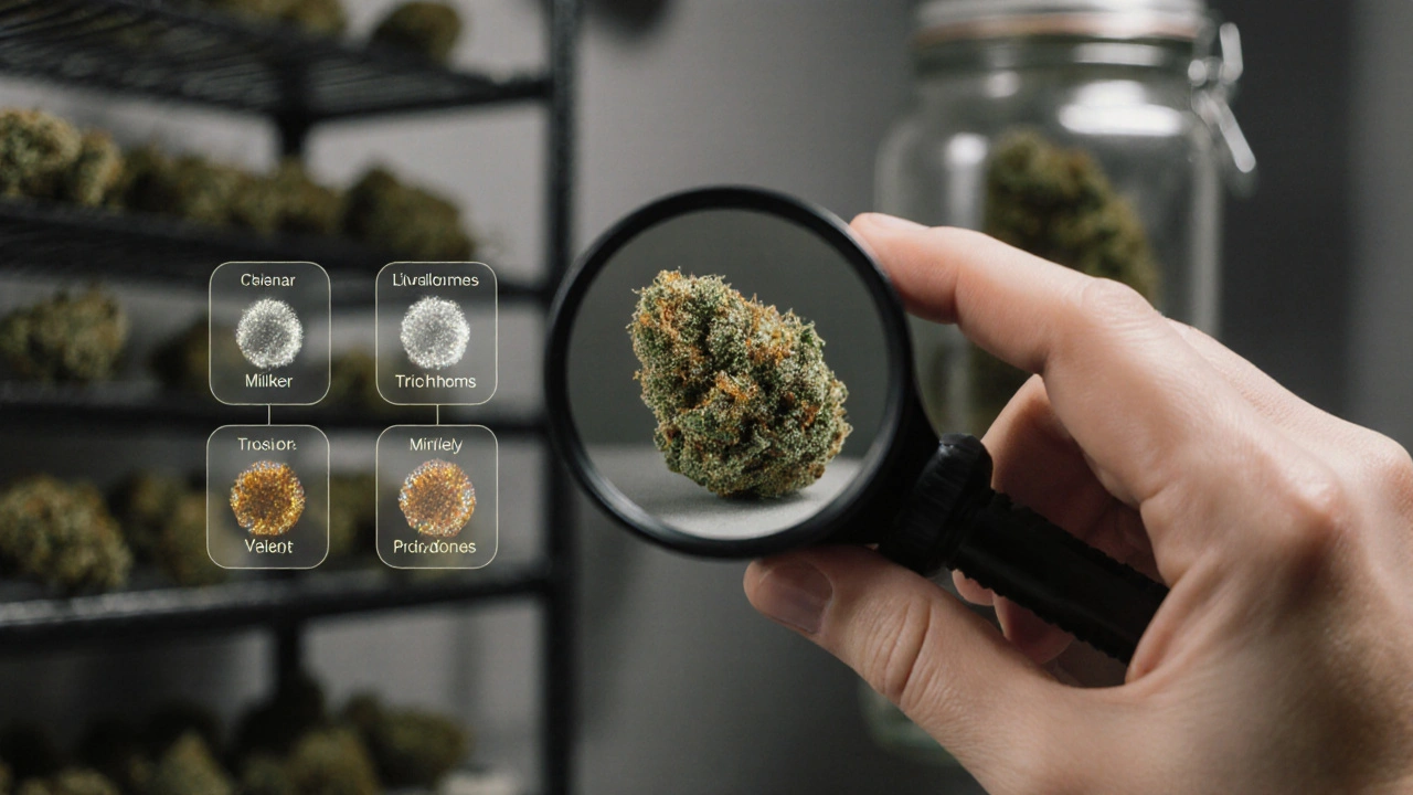 Lupe mit vergrößerten Trichomen und farbigen Reifestadien über einer Hanfblüte