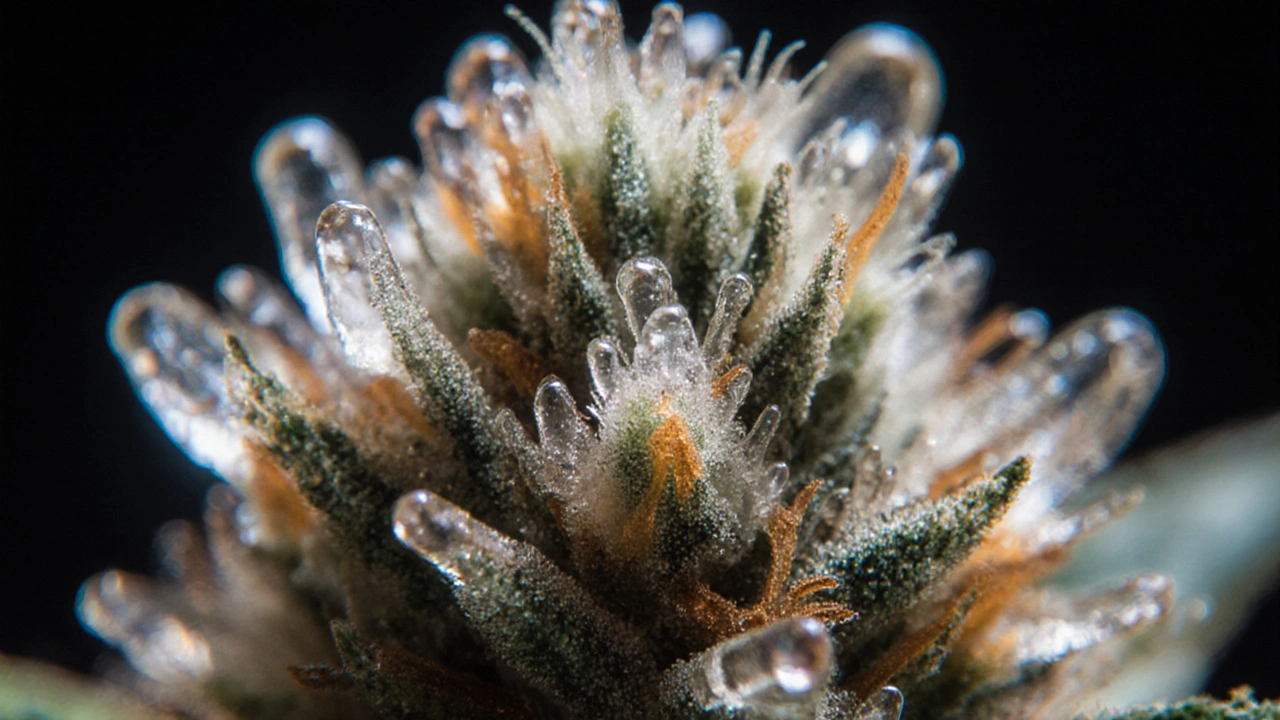 Makroaufnahme von Cannabistrichomen in verschiedenen Reifestadien: klar, milchig und bernsteinfarben.