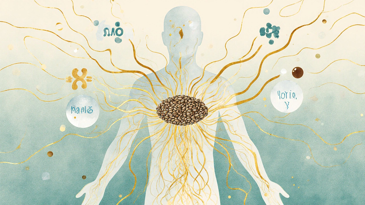 Menschliche Silhouette, gefüllt mit symbolischen Nährstoffen aus Hanfsamen, in Aquarellstil