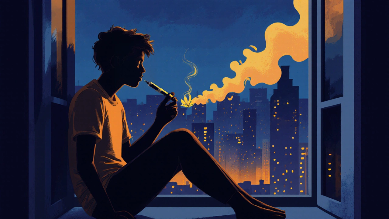 Person sitzt am Fenster, aus der Hanfzigarette strömt goldenes Licht als Symbol für Entspannung.