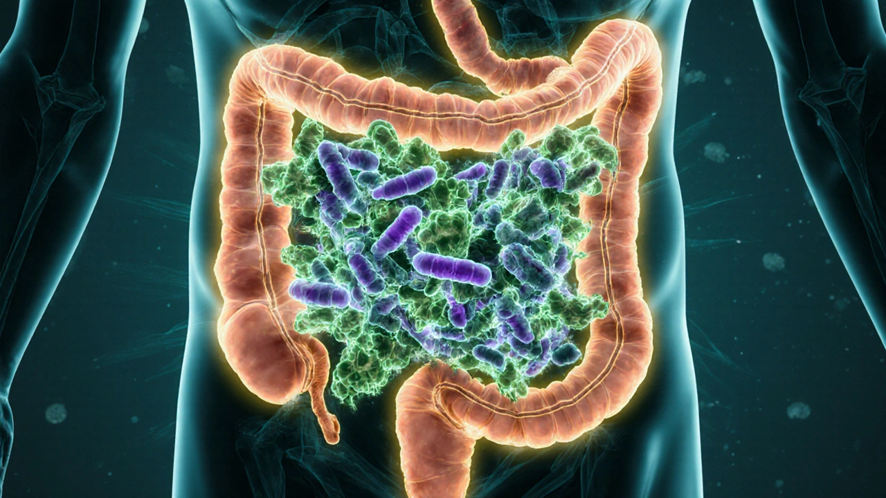 Querschnitt des Darms mit nützlichen Bakterien, die an Hanfsamen-Fasern wachsen, glowing Butyrat-Moleküle
