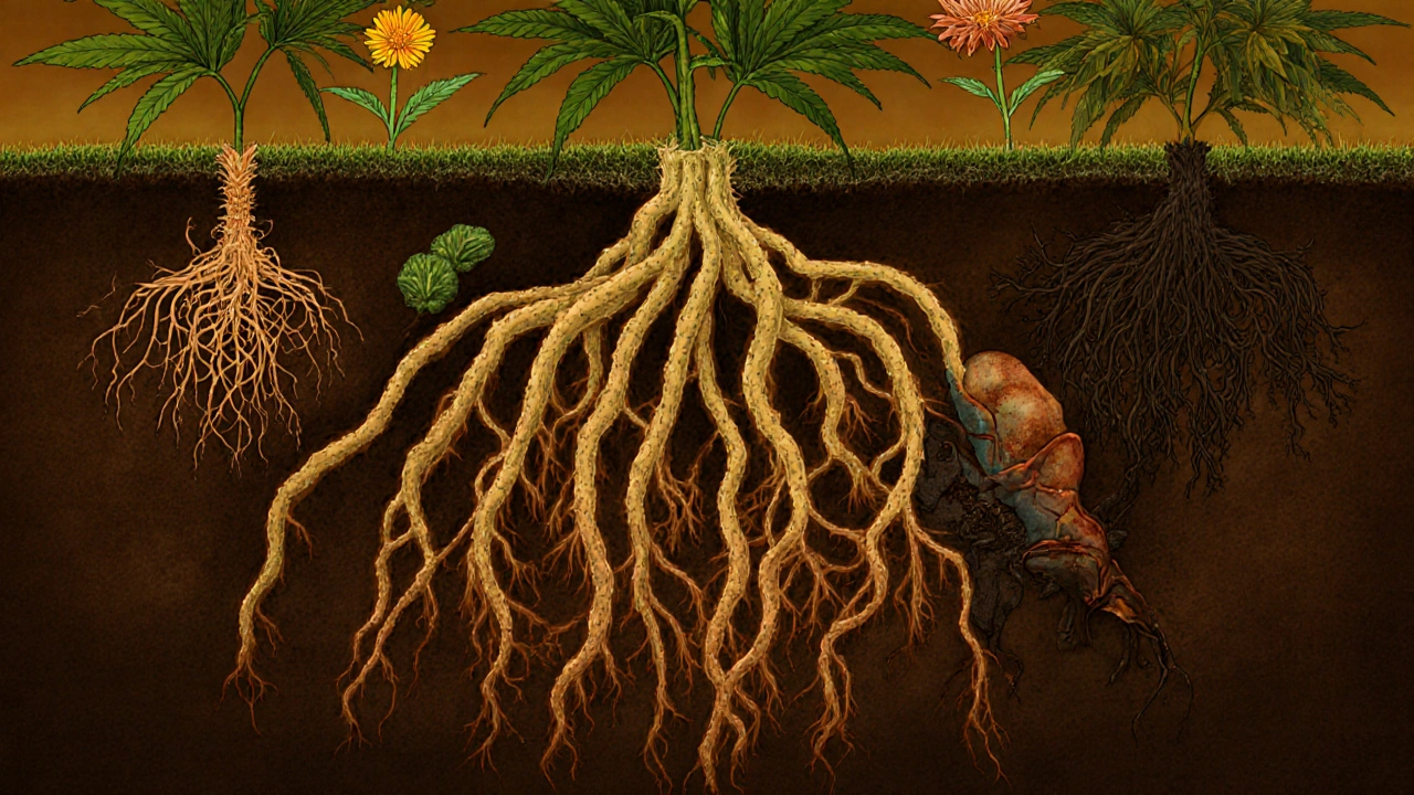 Unterirdisches Wurzelnetzwerk: gesunde Hanfwurzeln gegen schädliche Pilzfäden.