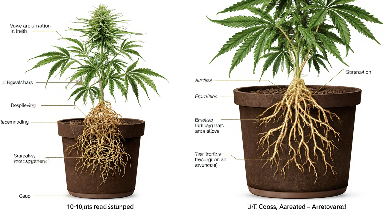 Vergleich von verkümmerten und gesunden Wurzeln in unterschiedlichen Topfgrößen