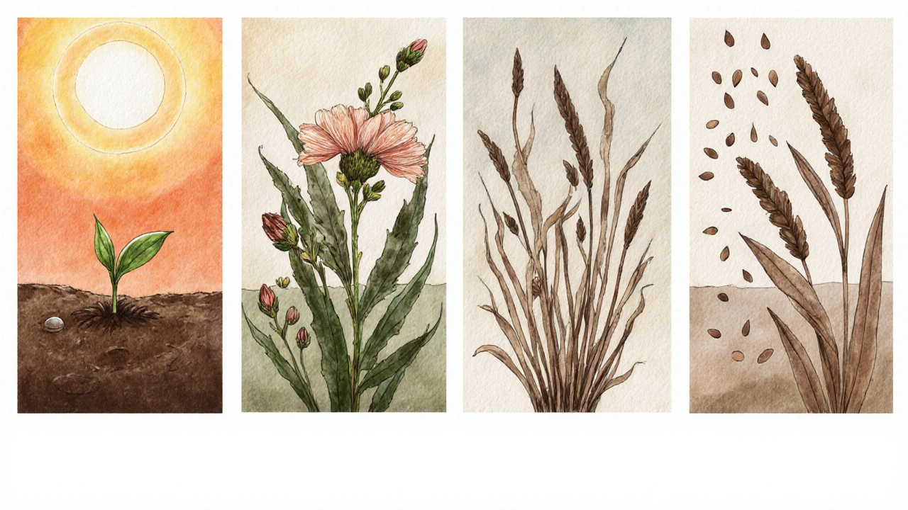 Vier Szenen zeigen den jährlichen Lebenszyklus der Hanfpflanze: Keimung, Wachstum, Blüte und Absterben.