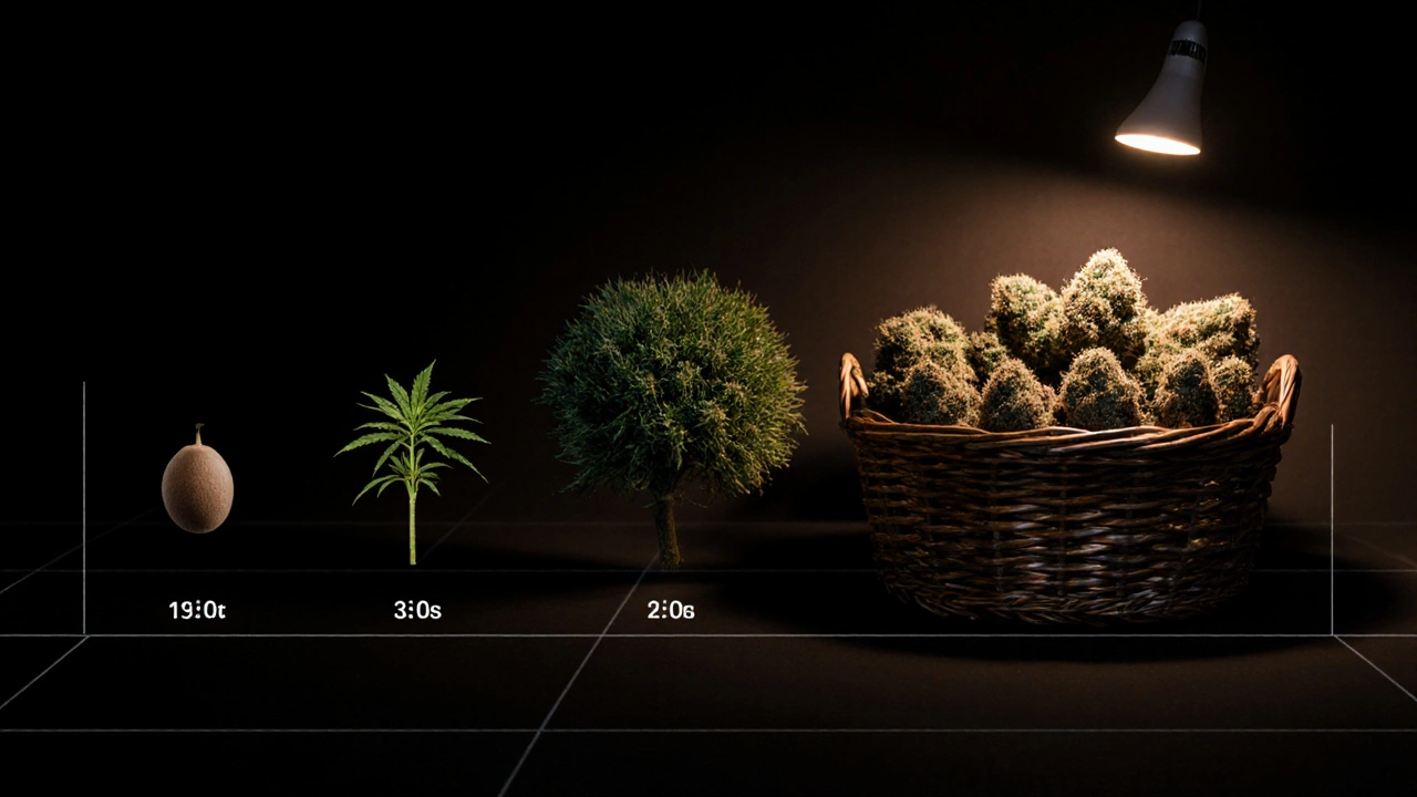 Visuelle Zeitleiste von der Samenkeimung bis zur Ernte einer Autoflower-Sorte in 8 Wochen.