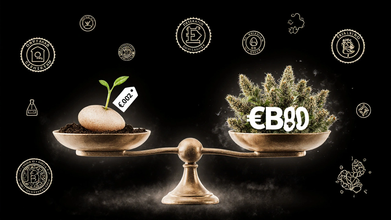 Waage mit einem Samen und CBD-Blüten, symbolisiert Preisunterschiede