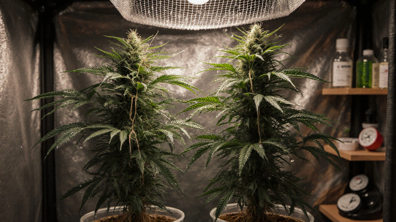 Zwei trainierte Hanfpflanzen in einem 60x60 cm Zelt mit Scrog-Netz und gleichmäßiger Beleuchtung.