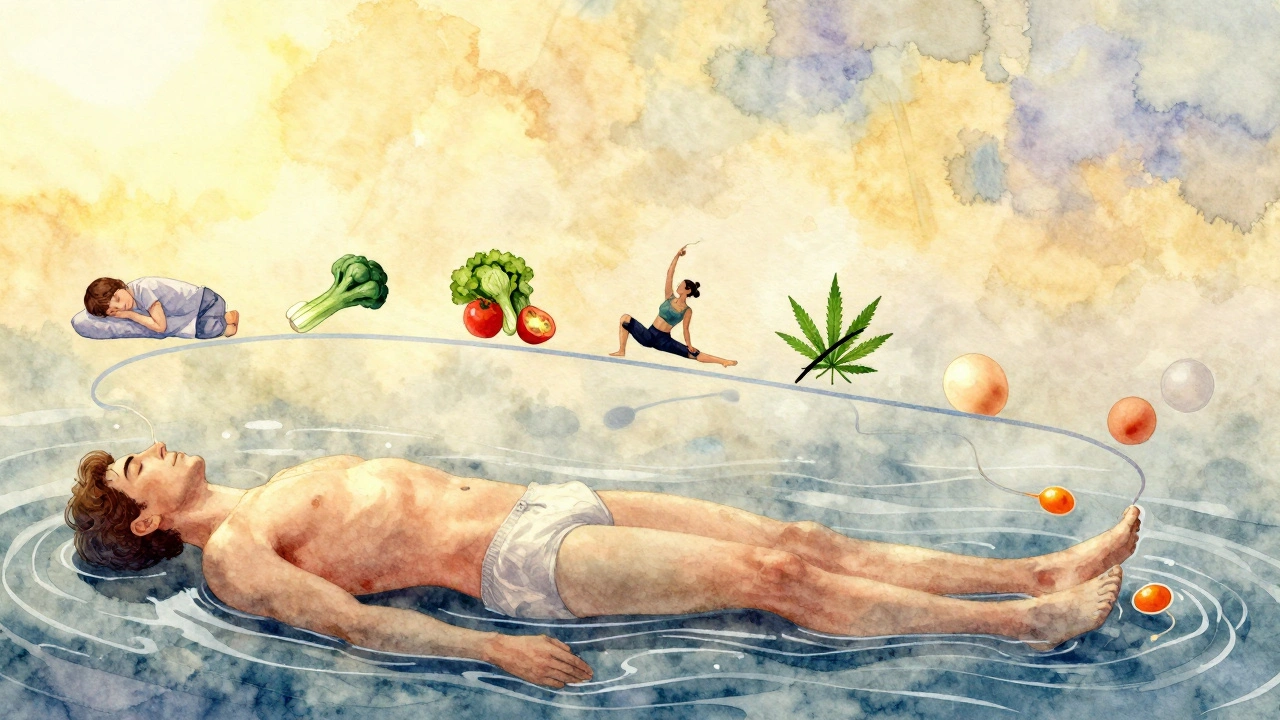 74-Tage-Verlauf der Spermienentwicklung, integriert mit gesunden Lebensgewohnheiten und einem durchgestrichenen Cannabis-Blatt.