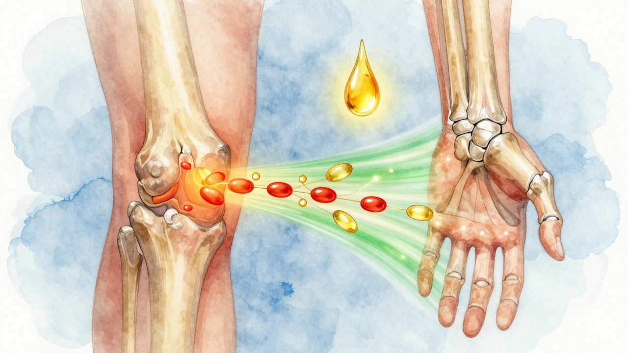 Animierte Darstellung von Fettsäuren, die entzündete Gelenke beruhigen, mit wissenschaftlich präzisen Details.