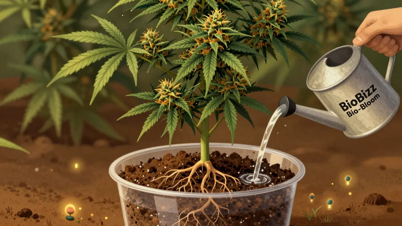 Cannabis-Pflanze in der Blüte mit dichten Knospen und organischen Düngemitteln im Boden.