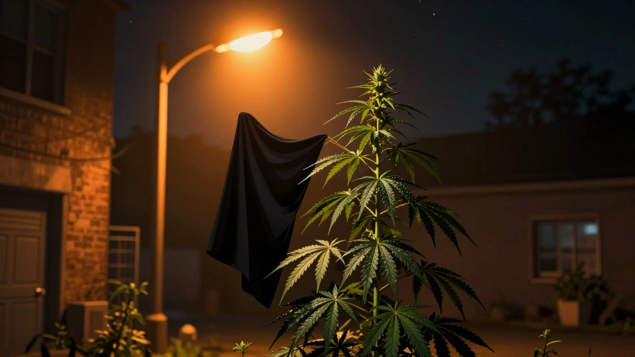 Cannabis-Pflanze nachts unter Straßenlampe, mit schwarzem Tuch abgedeckt, um künstliches Licht zu blockieren.