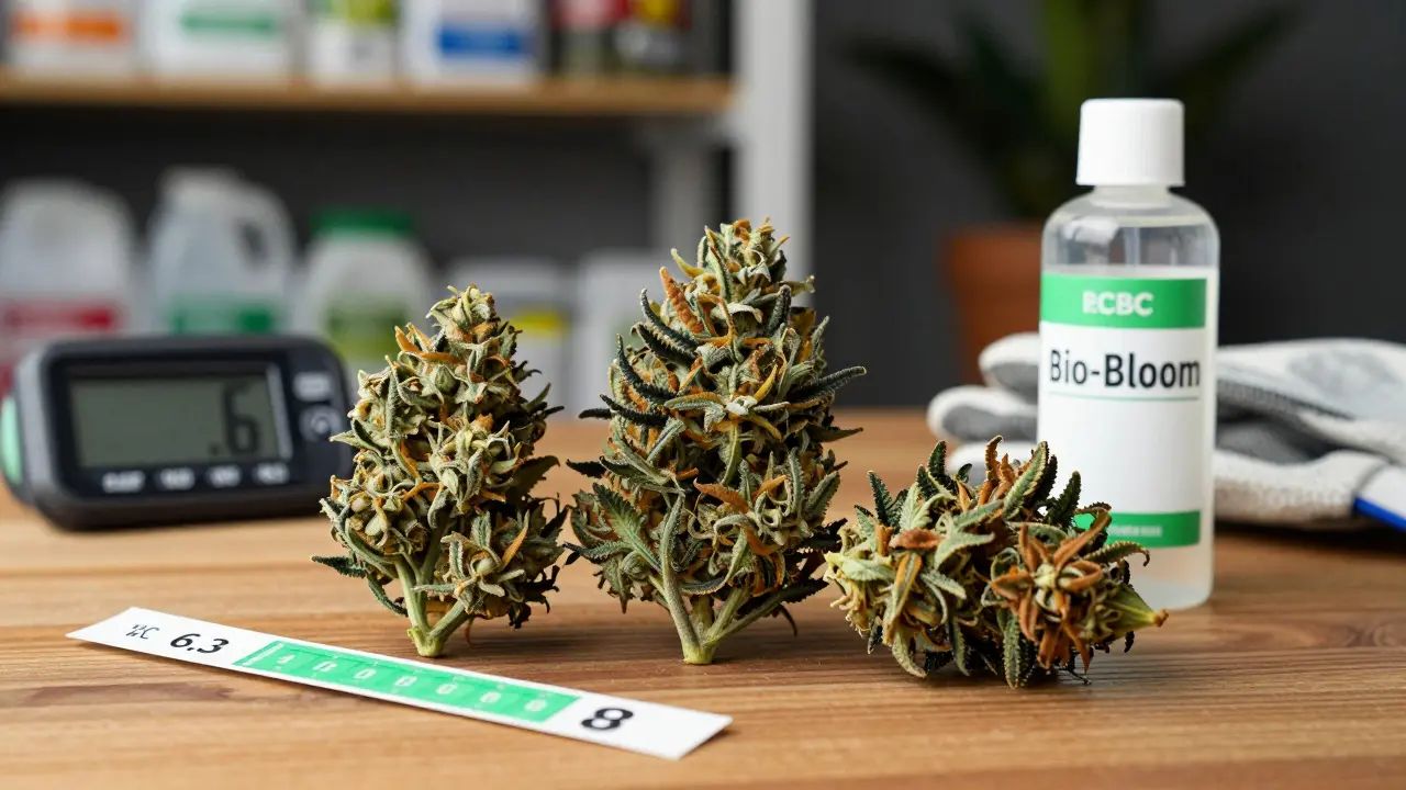 Drei Cannabis-Knospen im Vergleich: gesund, schwach und überdüngt, mit Messgerät und Düngerflaschen.