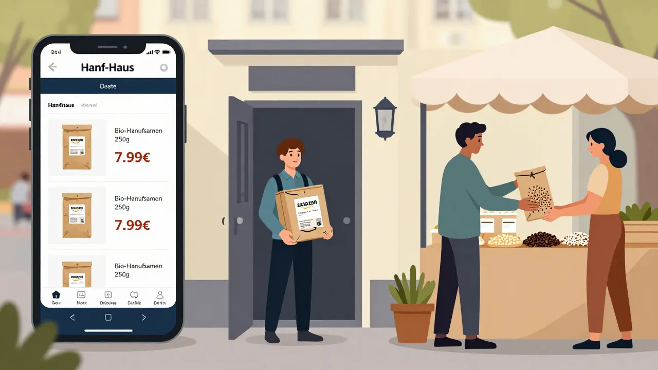 Drei Einkaufsmöglichkeiten für Hanfsamen: Online-Shop, Lieferung und Wochenmarkt.