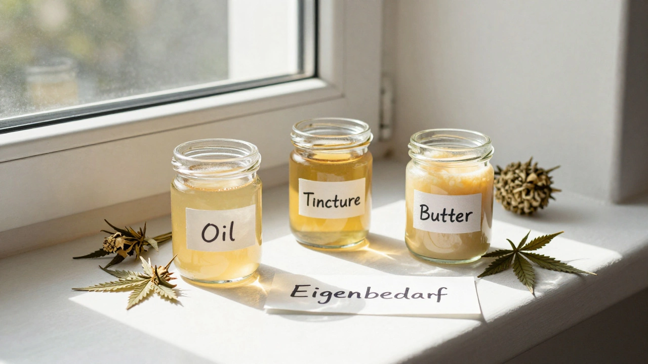 Drei Gläser mit cannabis-infundierten Produkten auf einem Fensterbrett