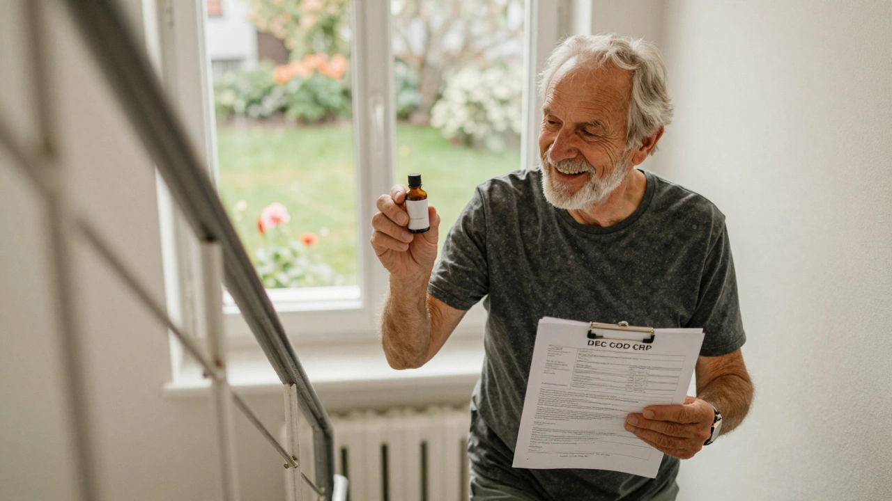 Ein älterer Mann steigt lachend Treppen, hält Hanföl und einen Bluttest mit gesunkenen Entzündungswerten.
