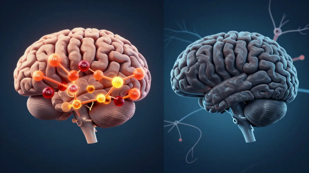 Ein Gehirn mit überaktiven Rezeptoren links und abgeschwächten Rezeptoren rechts, symbolisch für Cannabis-Abhängigkeit.