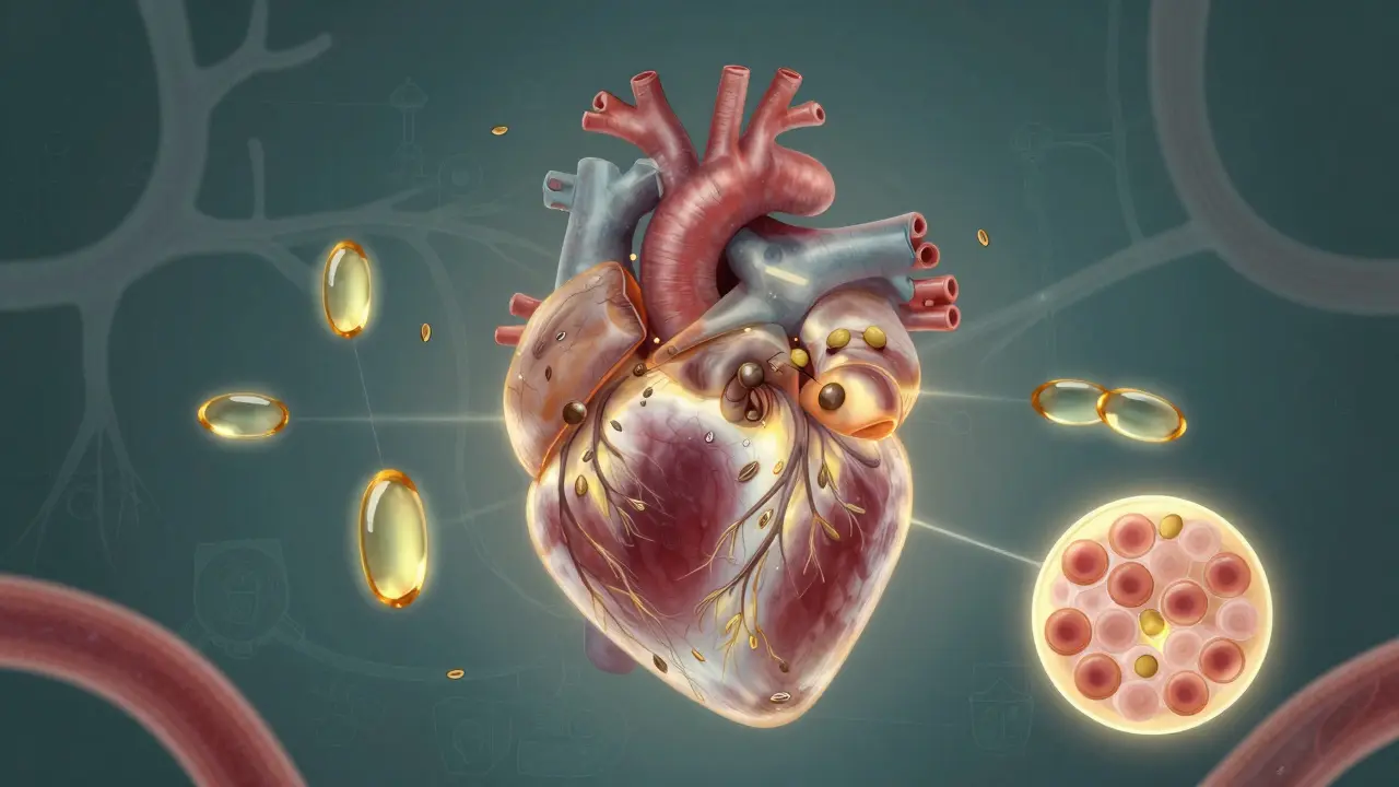 Ein Herz aus Hanfsamen und Omega-Fettsäuren, umgeben von gesunden Blutgefäßen und Hautzellen.