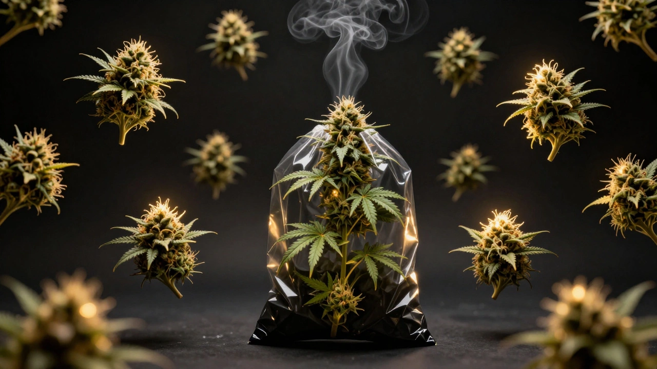 Eine männliche Pflanze wird in einen Beutel verpackt, während weibliche Blüten golden leuchten.