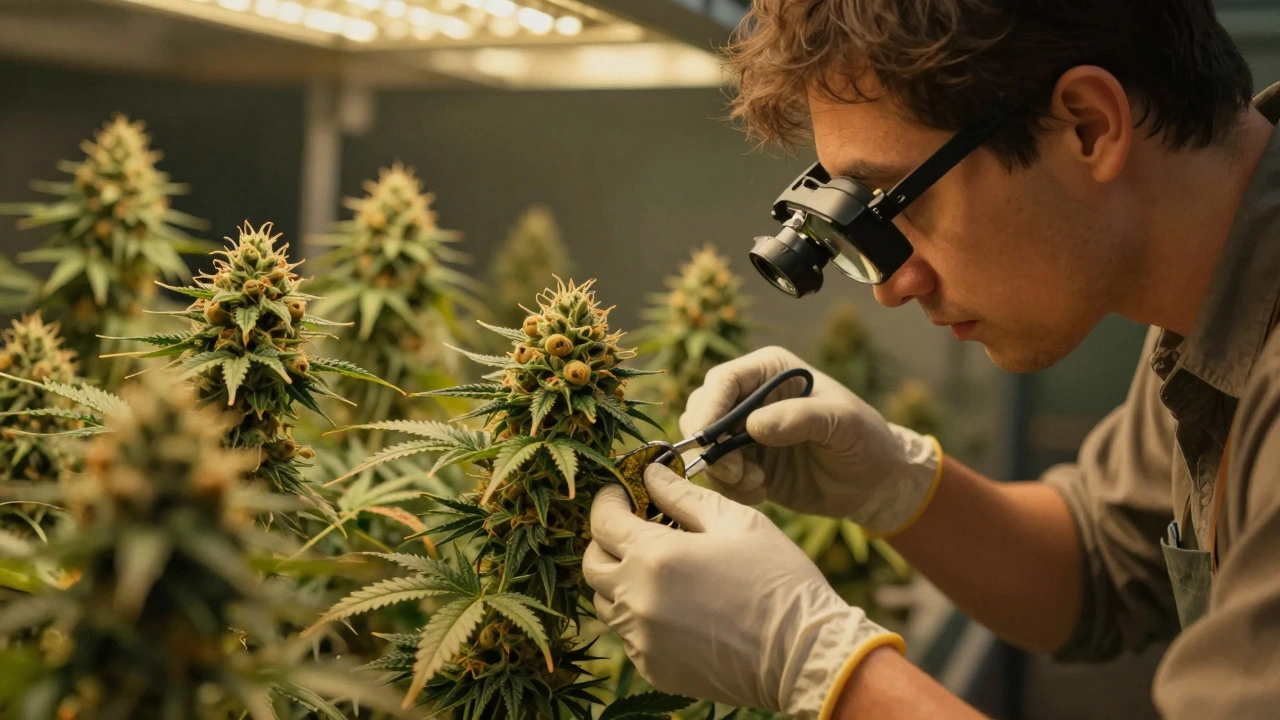 Eine Person entfernt vorsichtig eine männliche Cannabis-Pflanze mit einer Schere unter Lupe.