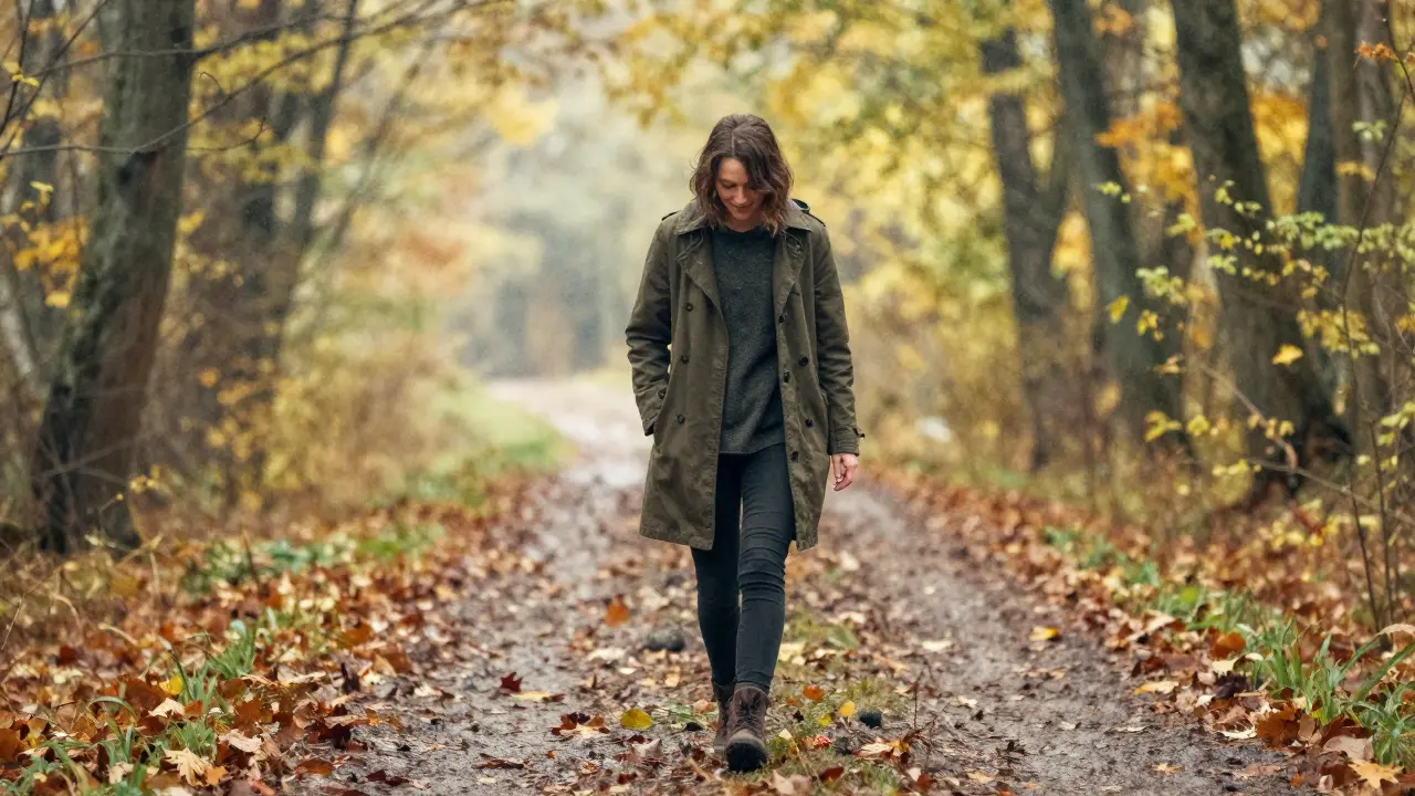 Eine Person spaziert im Herbstwald, atmet die Luft ein, ein sanftes Lächeln auf dem Gesicht, goldenes Licht durch die Bäume.