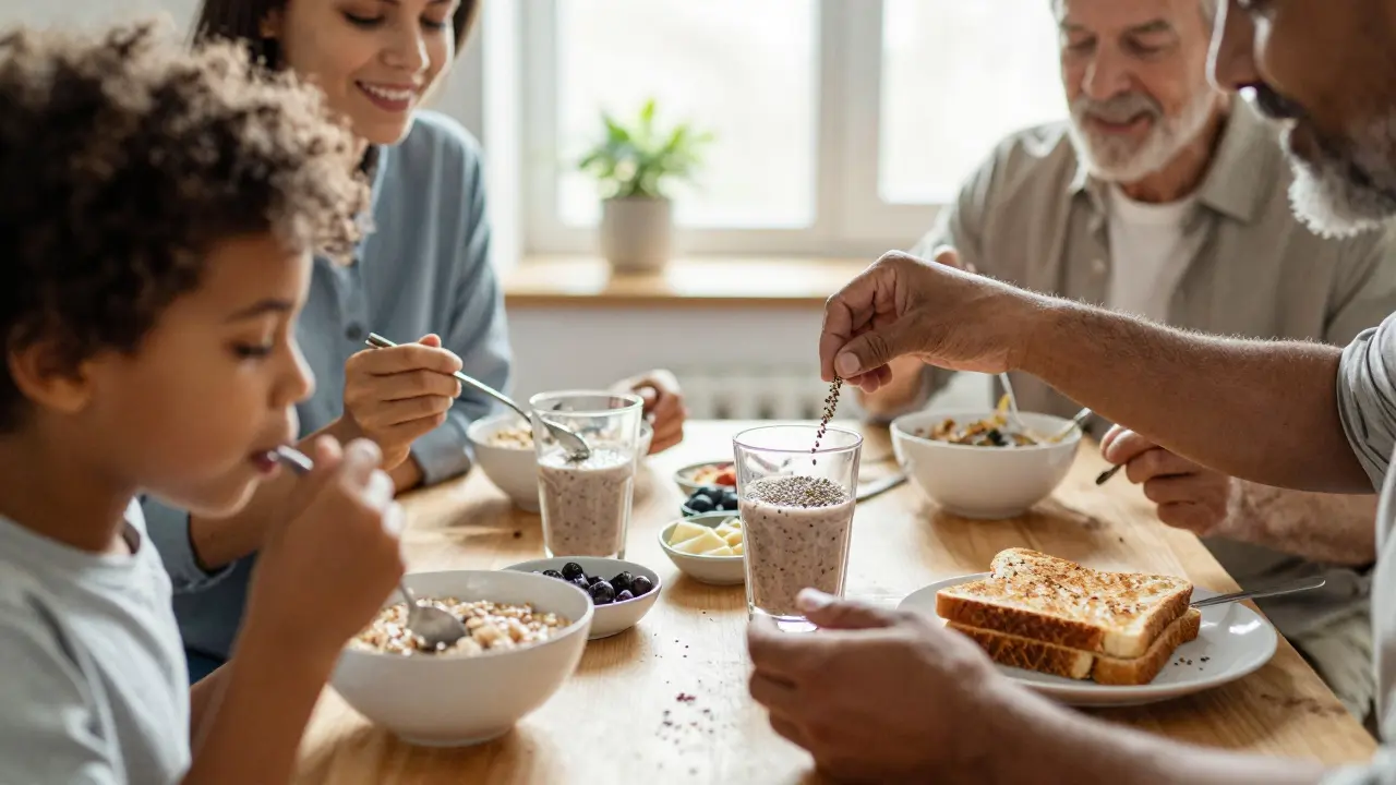 Familie beim Frühstück mit Hanfsamen im Essen, warmes Morgenlicht in der Küche.