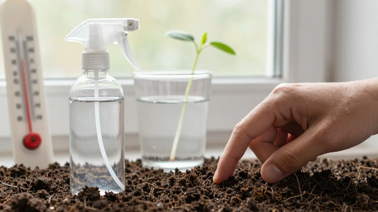 Finger in leicht feuchter Erde, neben einer Sprühflasche und einem Wasserglas, das steht.