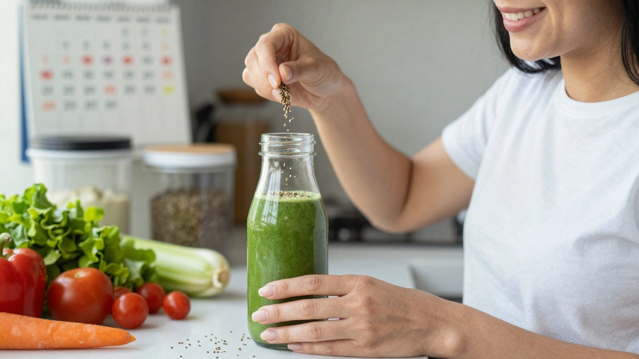 Frau fügt Hanfsamen in einen grünen Smoothie ein, frisches Gemüse im Hintergrund