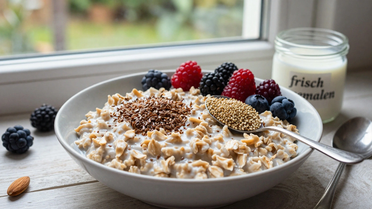 Frühstückschale mit gemahlenen Leinsamen und ganzen Hanfsamen, Beeren und Mandelmilch