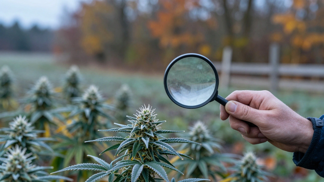 Gartenarbeiter mit Lupe, die milchige Trichome an einer Cannabisknospe betrachtet, Herbstlandschaft im Hintergrund.