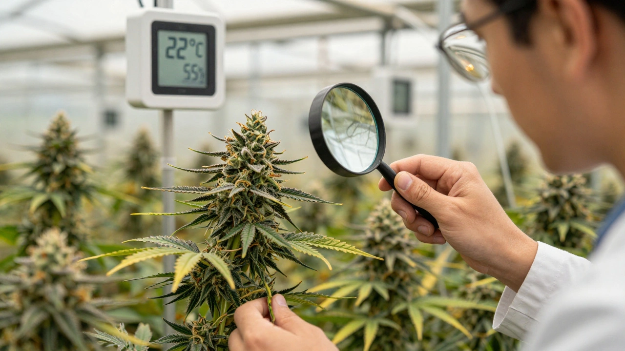 Gärtner untersucht mit Lupe Trichome an einer Hanfblüte in einem Gewächshaus mit Klimasteuerung.