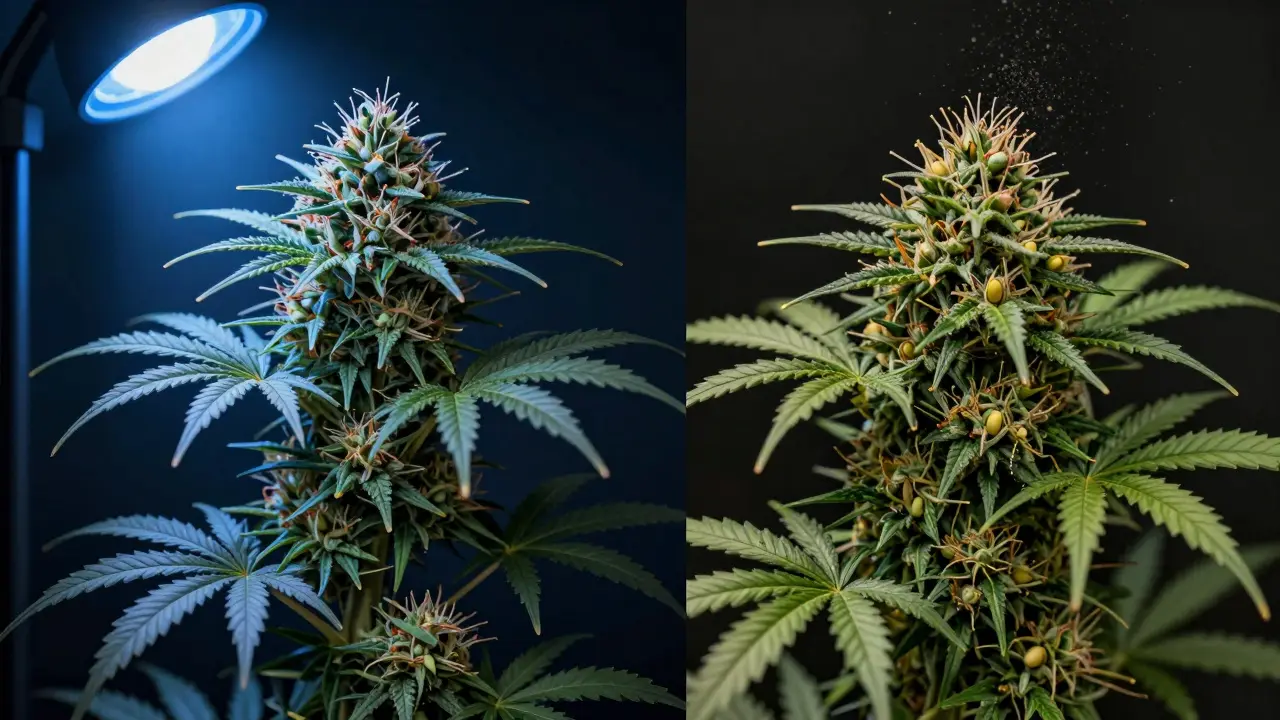 Gespaltenes Bild einer Cannabispflanze: eine Seite gesund und harzig, die andere gestresst mit Pollensäcken.