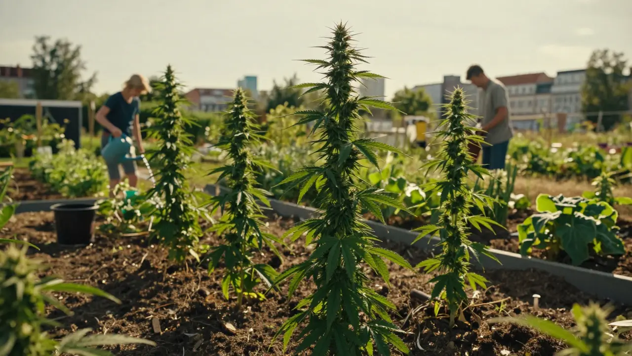Gesunde Hanfpflanzen im Berliner Gemeinschaftsgarten im Juni, Sonnenlicht, Erde, Gießkanne.
