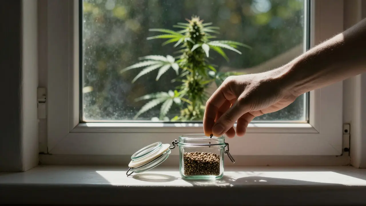 Hand legt einen Samen in ein verschlossenes Glas, draußen wächst eine Cannabispflanze im Schatten.