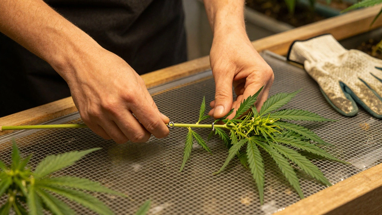 Hände biegen einen Hanftrieb vorsichtig über ein Netz, um gleichmäßiges Wachstum zu fördern.