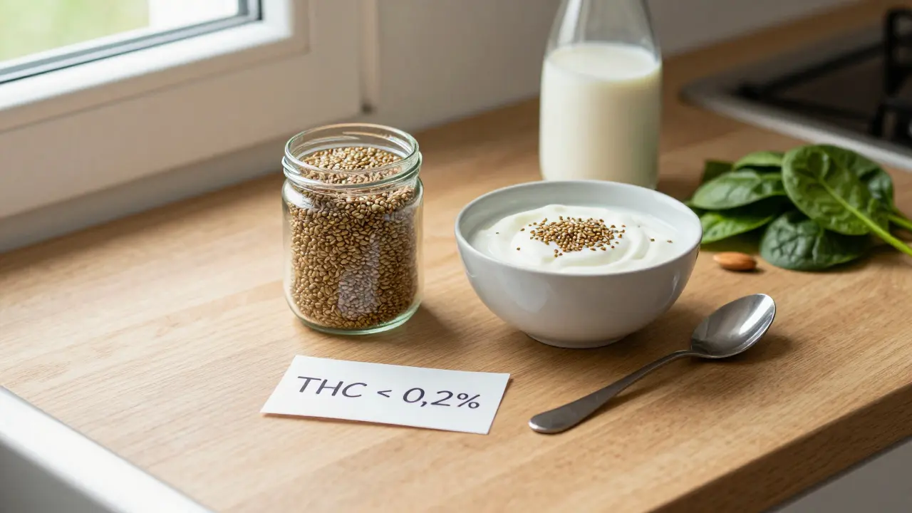 Hanfsamen auf Joghurt mit Glasbehälter und Hinweis auf THC-Gehalt.