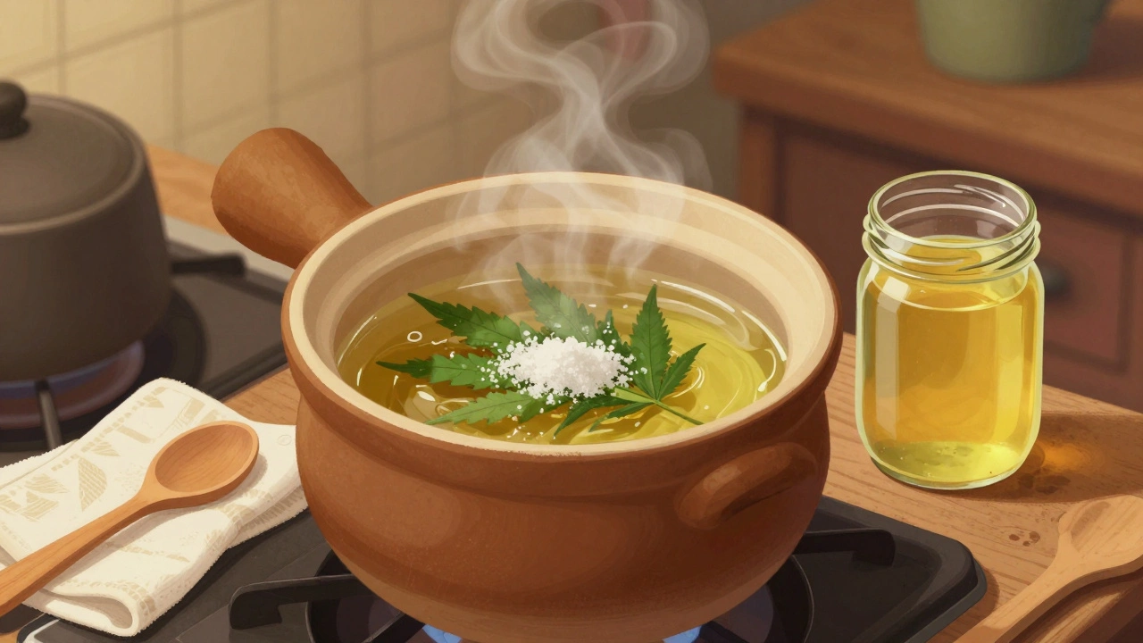 Hausgemachtes Cannabisöl wird langsam erwärmt in einem Topf mit Kokosöl