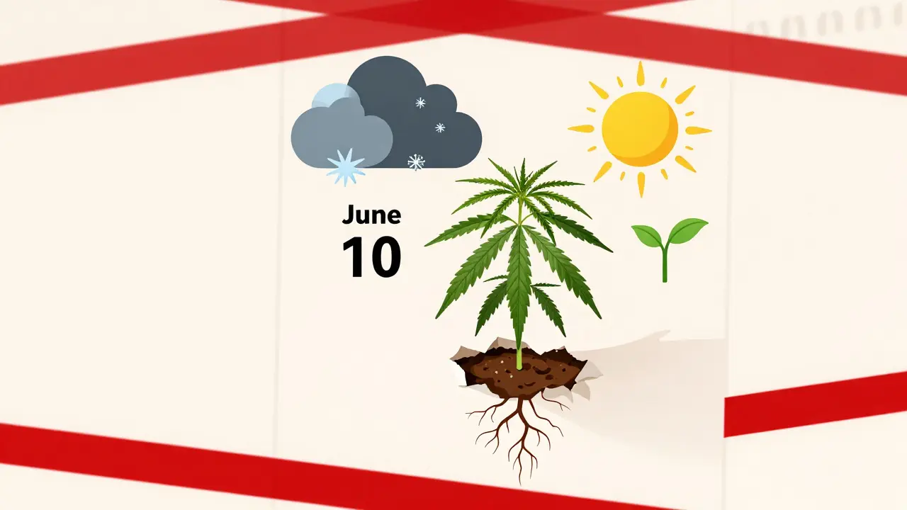 Kalender mit gerissenem Datum 10. Juni, Pflanze wächst durch das Loch, Frost droht dahinter.