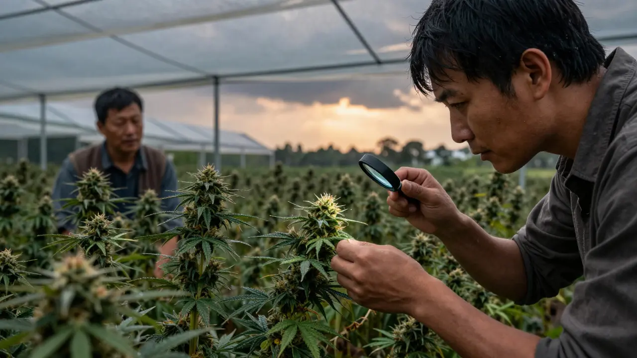 Landwirt prüft Hanfstängel mit Lupe, Regenschutz über den Blüten