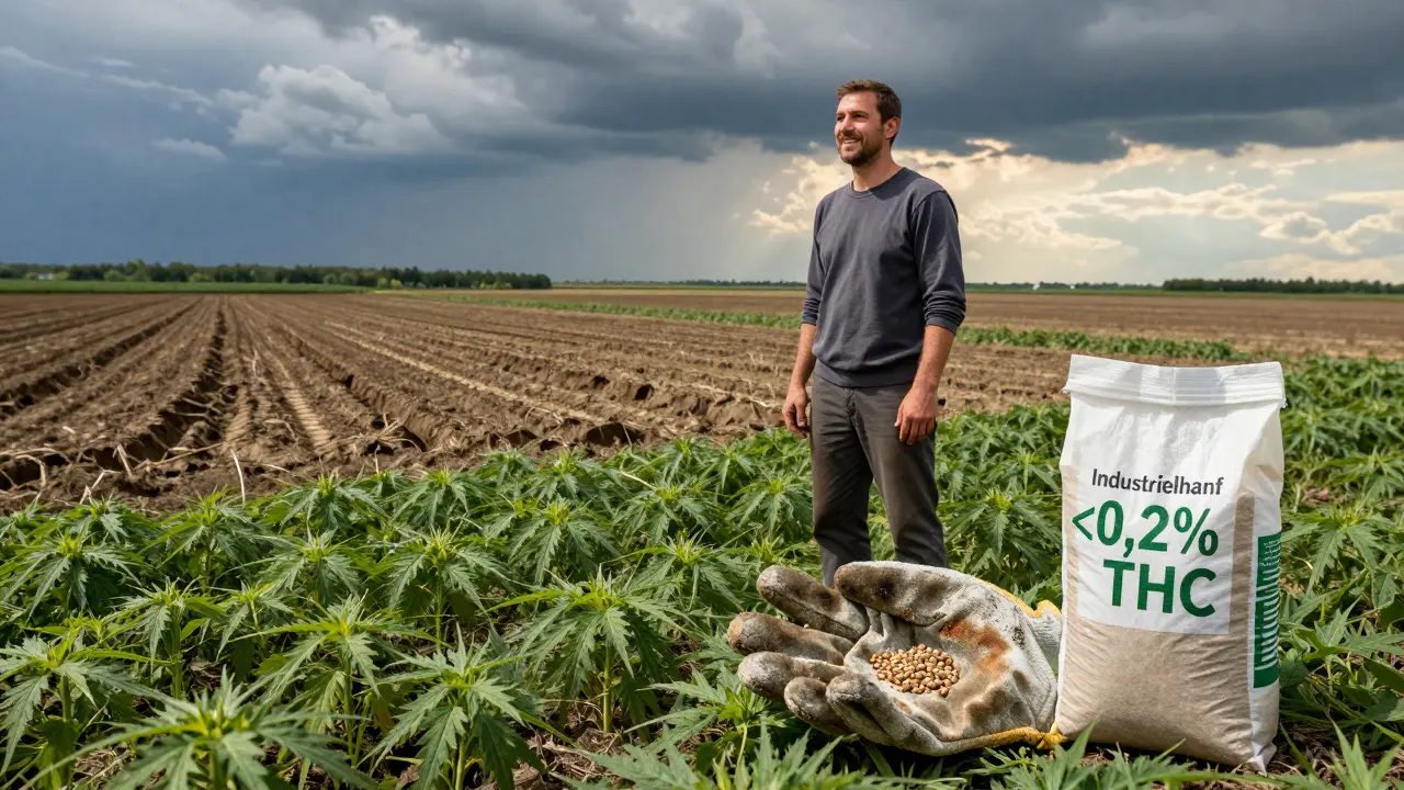 Landwirt vor intaktem Hanffeld, während benachbarte Flächen ausgewaschen sind.
