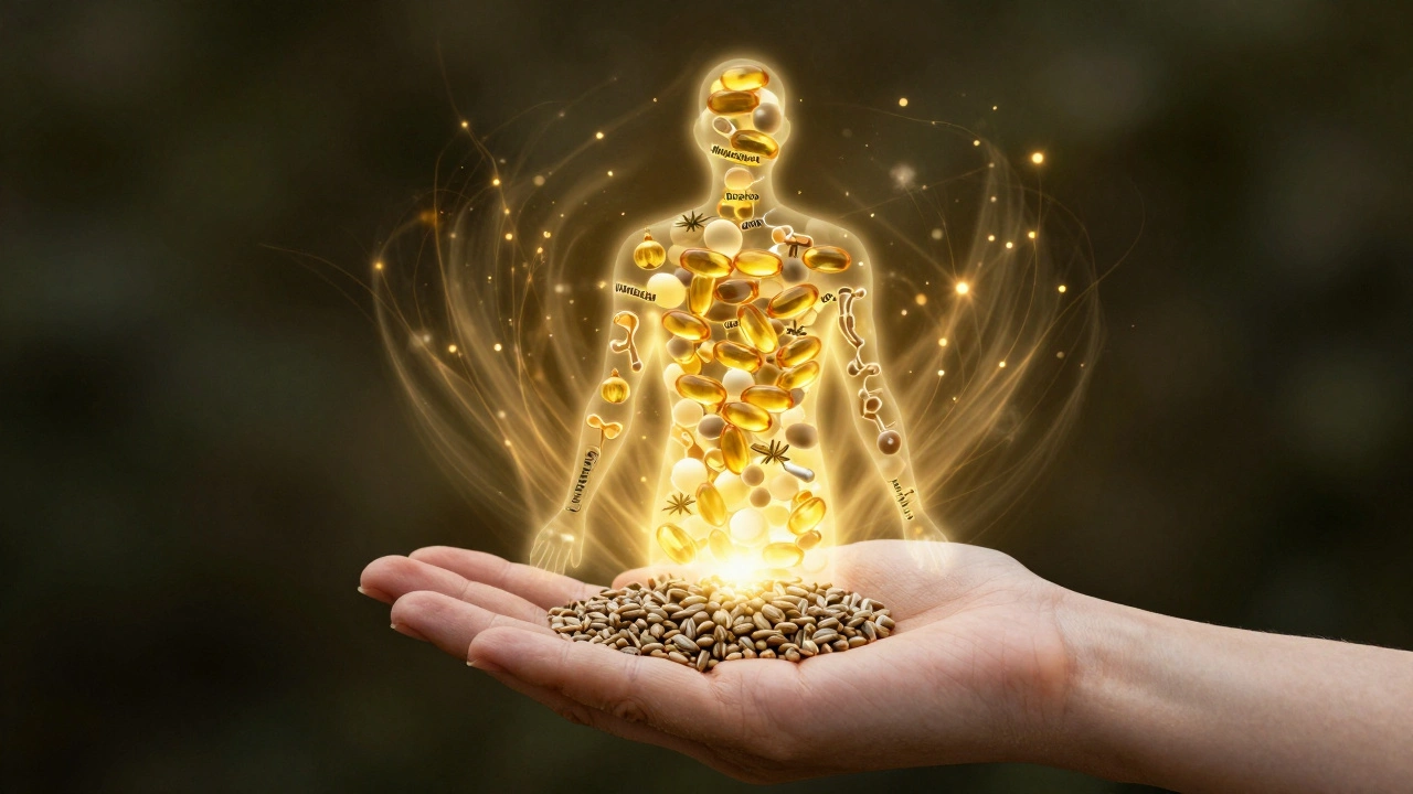 Menschensilhouette mit leuchtenden Nährstoffen aus Hanfsamen