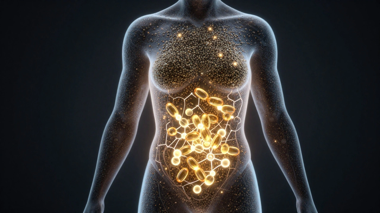 Menschliche Silhouette mit leuchtenden Hanfsamen und Fettsäuren im Körperinneren