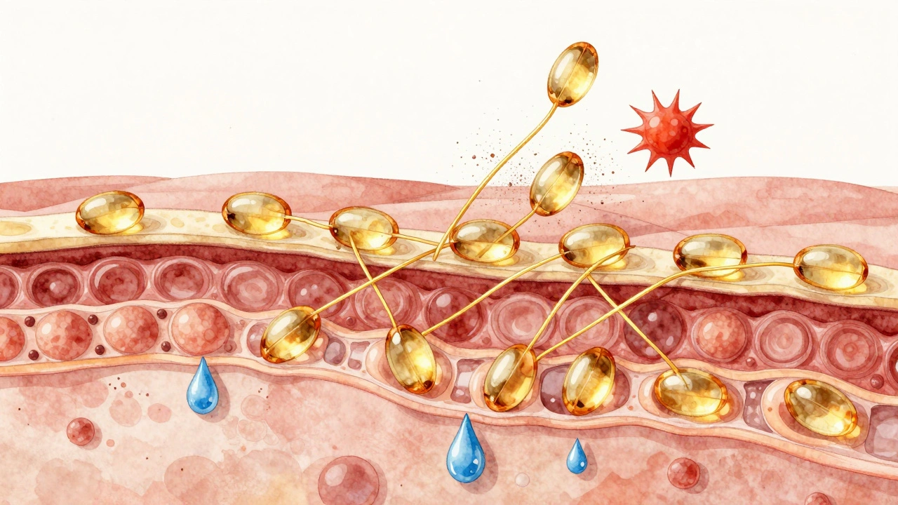 Mikroskopische Ansicht der Hautbarriere, die durch Fettsäuren gestärkt wird.