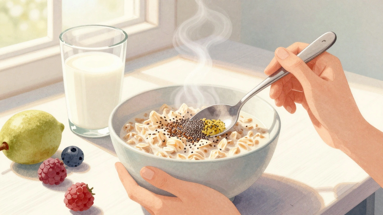 Morgenschale mit Haferflocken und Hanfsamen unter natürlichem Licht