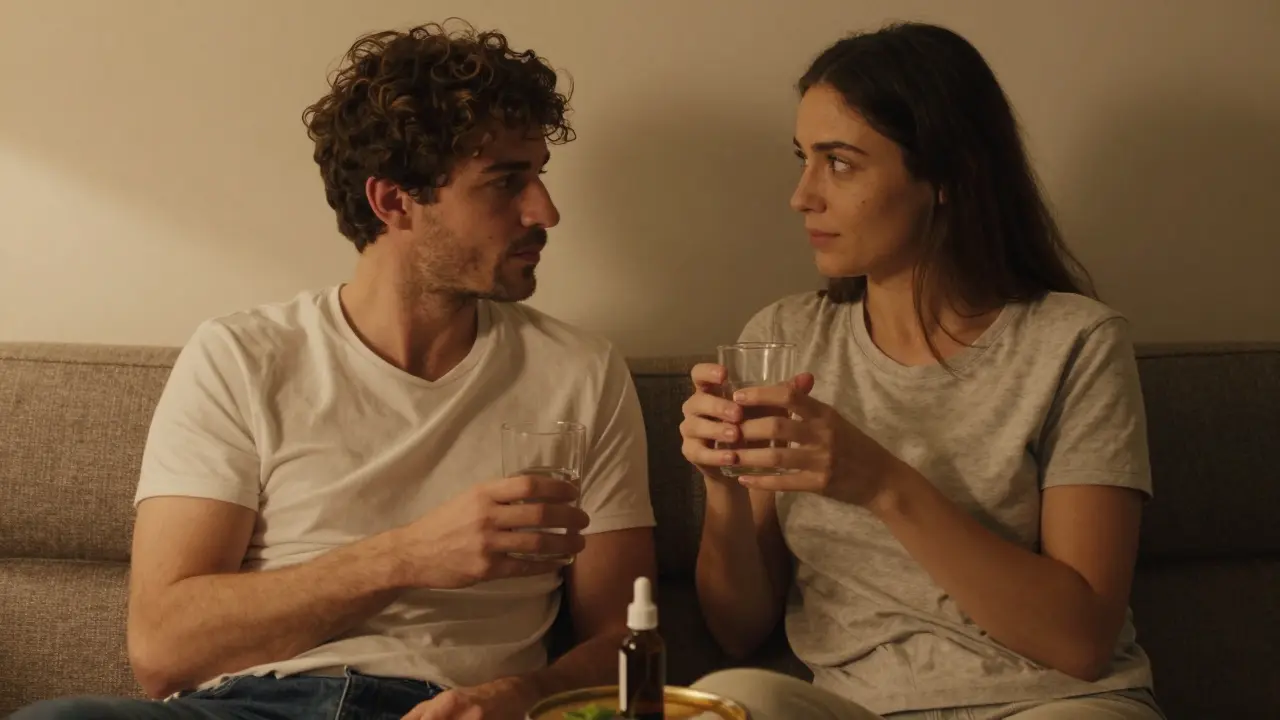 Paar sitzt ruhig beieinander, CBD-Öl-Flasche auf dem Tisch, stille Verbundenheit.