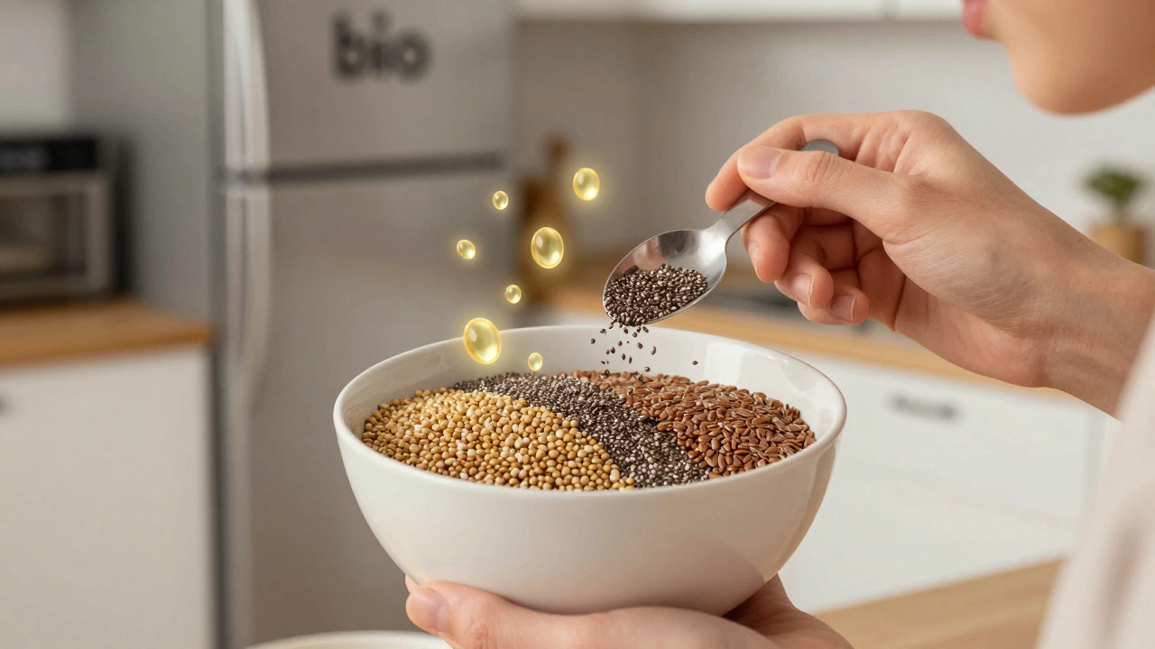 Person isst eine Schale mit Hanfsamen, Chiasamen und Leinsamen am Frühstückstisch.