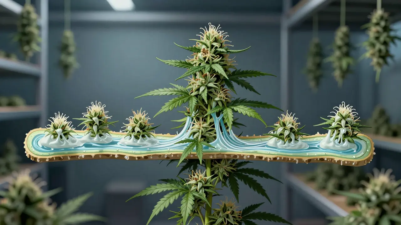 Querschnitt einer Hanfpflanze, die Wasser und Nährstoffe in die Blüten zieht