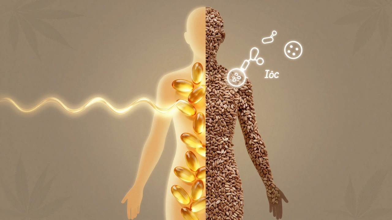 Silhouette eines Körpers, der die Nährstoffe von Leinsamen und Hanfsamen symbolisch darstellt